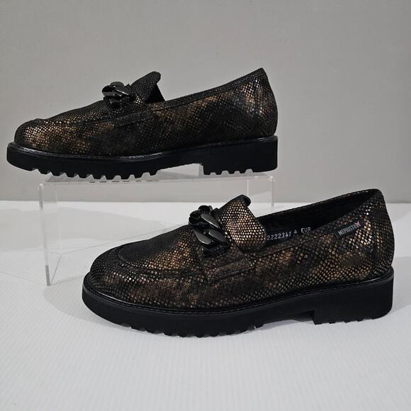 NEW Mephisto Salka Loafer 6.5 Gold Snake Print Leather Chunky Lug Sole Slip On - Picture 2 of 13